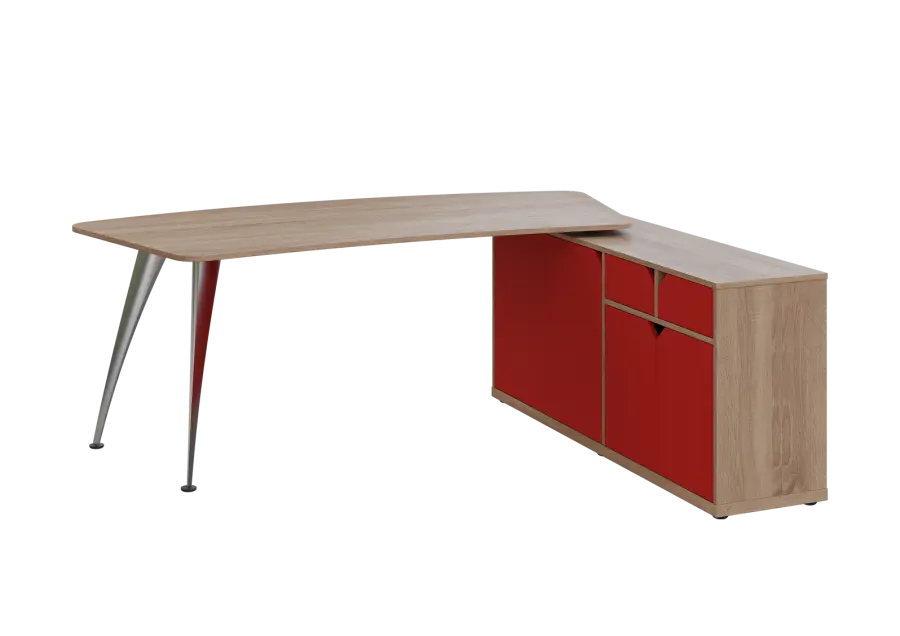 KUZR 18-20 P stůl rohový, provedení pravé, úložný prostor, chromová podnož, dub bardolino/červená