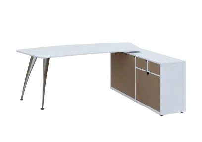 KUZR 18-20 P stůl rohový, provedení pravé, úložný prostor, chromová podnož, bílá sněžná/latte