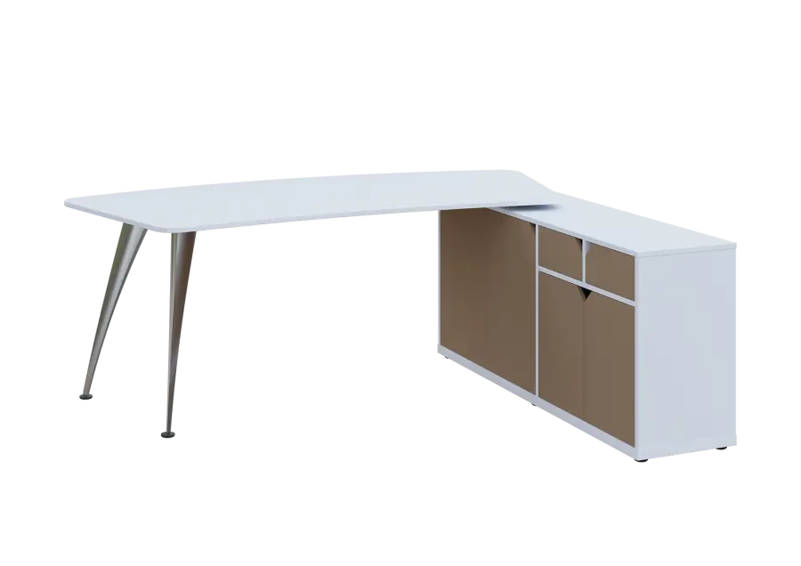 KUZR 18-20 P stůl rohový, provedení pravé, úložný prostor, chromová podnož, bílá sněžná/latte