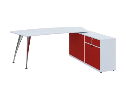 KUZR 18-20 P stůl rohový, provedení pravé, úložný prostor, chromová podnož, bílá sněžná/červená
