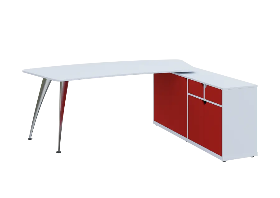KUZR 18-20 P stůl rohový, provedení pravé, úložný prostor, chromová podnož, bílá sněžná/červená