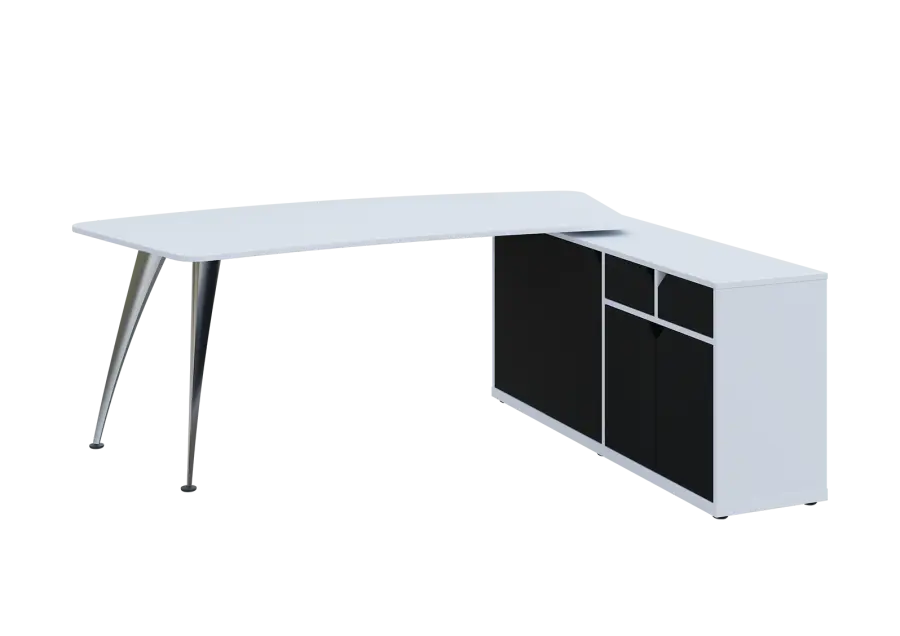 KUZR 18-20 P stůl rohový, provedení pravé, úložný prostor, chromová podnož, bílá sněžná/černá