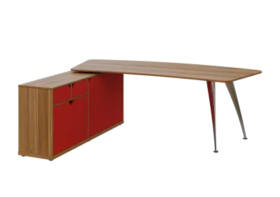 KUZR 18-22 L stůl rohový, provedení levé, úložný prostor, chromová podnož, ořech světlý/červená