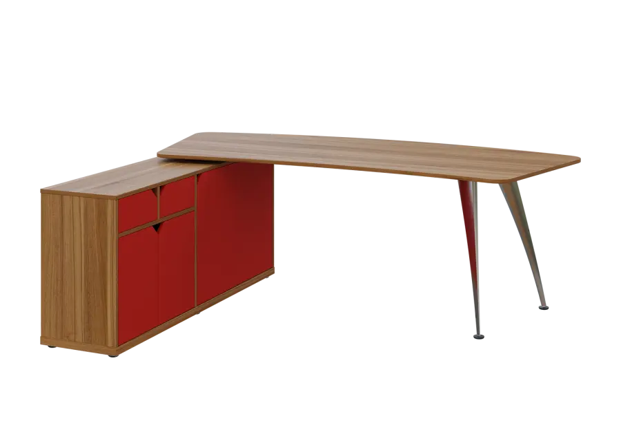 KUZR 18-22 L stůl rohový, provedení levé, úložný prostor, chromová podnož, ořech světlý/červená