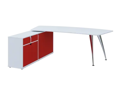 KUZR 18-22 L stůl rohový, provedení levé, úložný prostor, chromová podnož, bílá sněžná/červená