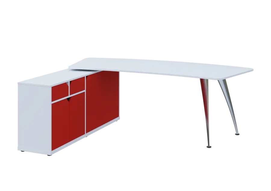 KUZR 18-22 L stůl rohový, provedení levé, úložný prostor, chromová podnož, bílá sněžná/červená