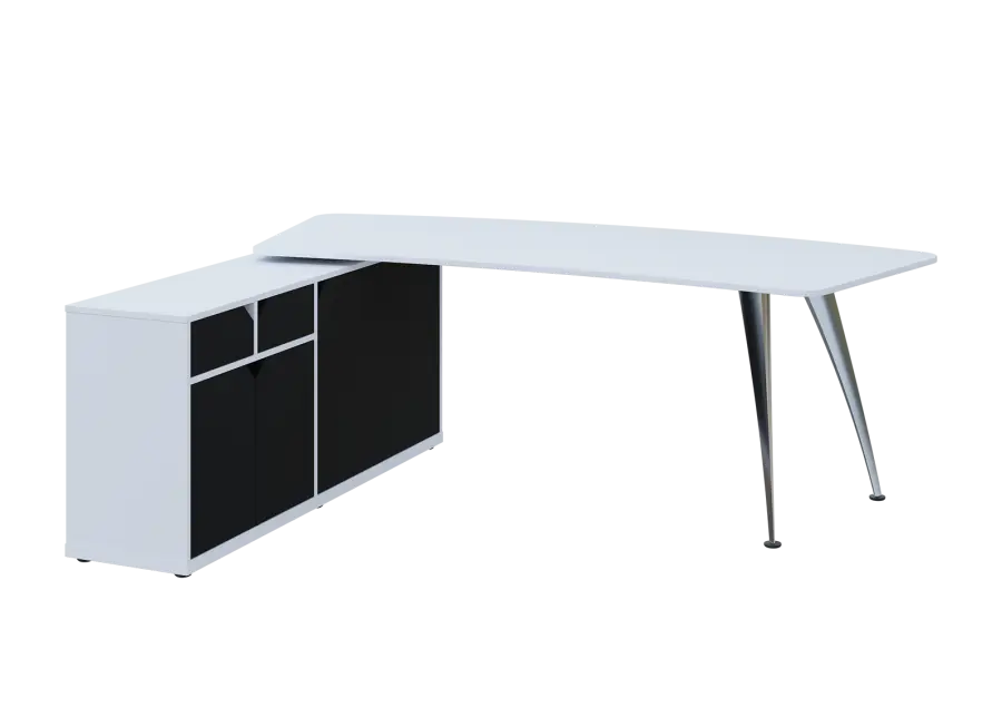 KUZR 18-22 L stůl rohový, provedení levé, úložný prostor, chromová podnož, bílá sněžná/černá