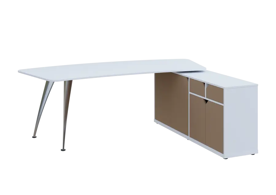 KUZR 18-22 P stůl rohový, provedení pravé, úložný prostor, chromová podnož, bílá sněžná/latte