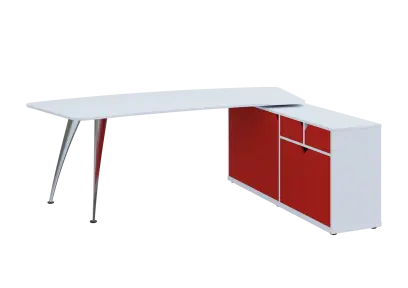 KUZR 18-22 P stůl rohový, provedení pravé, úložný prostor, chromová podnož, bílá sněžná/červená