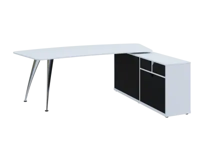 KUZR 18-22 P stůl rohový, provedení pravé, úložný prostor, chromová podnož, bílá sněžná/černá