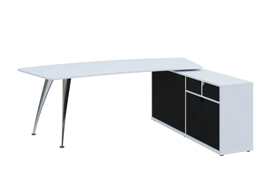 KUZR 18-22 P stůl rohový, provedení pravé, úložný prostor, chromová podnož, bílá sněžná/černá