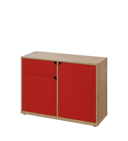 KU2-10DZ L skříňka nízká 2-dvéřová, zásuvka, 740x1022x400 mm, provedení levé, dub lite/červená