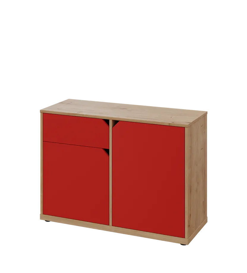 KU2-10DZ L skříňka nízká 2-dvéřová, zásuvka, 740x1022x400 mm, provedení levé, dub lite/červená