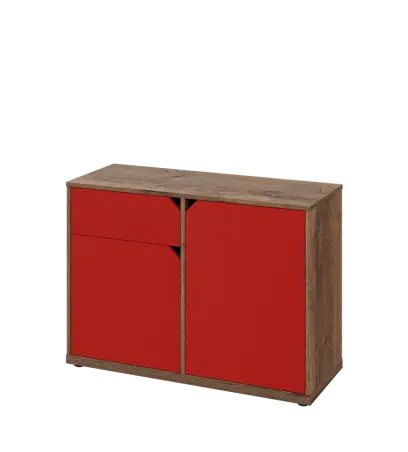 KU2-10DZ L skříňka nízká 2-dvéřová, zásuvka, 740x1022x400 mm, provedení levé, dub halifax cínový/červená