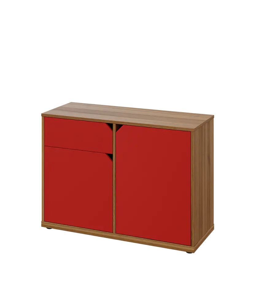 KU2-10DZ L skříňka nízká 2-dvéřová, zásuvka, 740x1022x400 mm, provedení levé, ořech světlý/červená