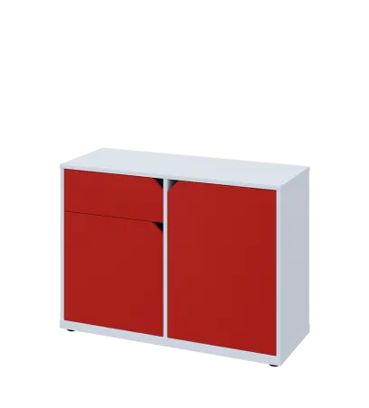 KU2-10DZ L skříňka nízká 2-dvéřová, zásuvka, 740x1022x400 mm, provedení levé, bílá sněžná/červená