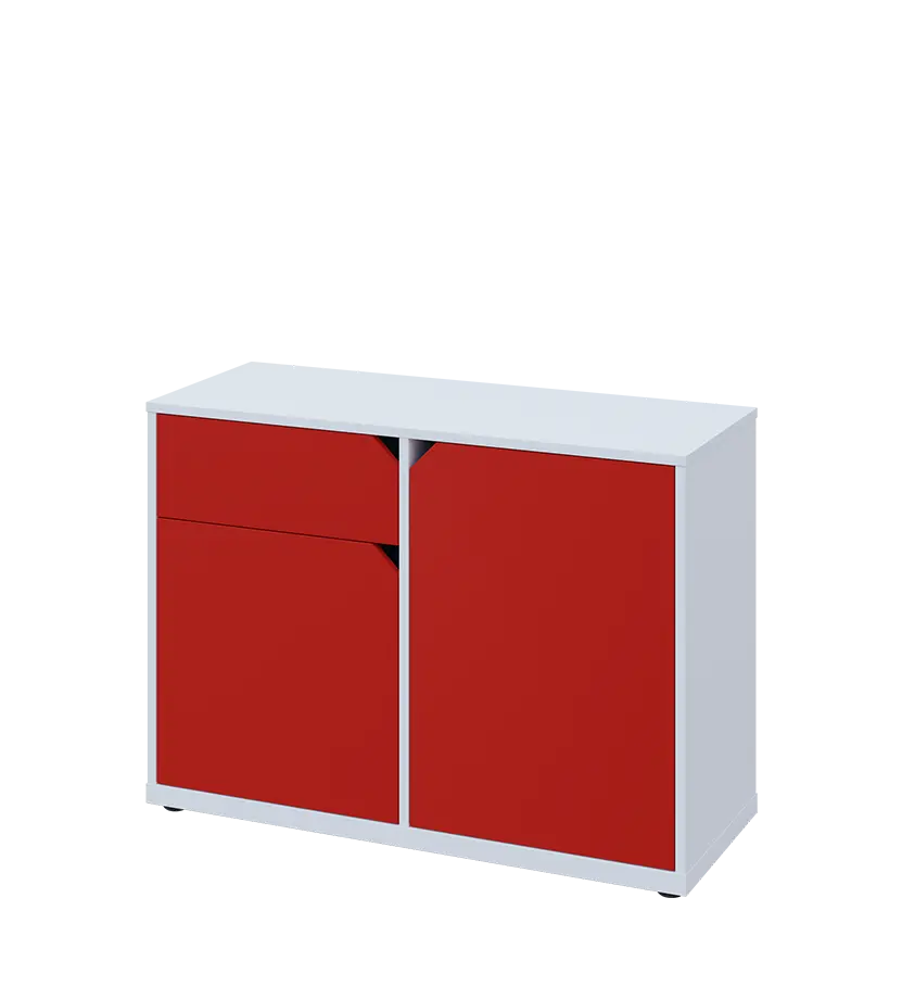 KU2-10DZ L skříňka nízká 2-dvéřová, zásuvka, 740x1022x400 mm, provedení levé, bílá sněžná/červená