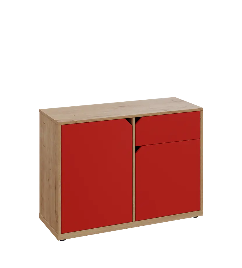 KU2-10DZ P skříňka nízká 2-dvéřová, zásuvka, 740x1022x400 mm, provedení pravé, dub lite/červená