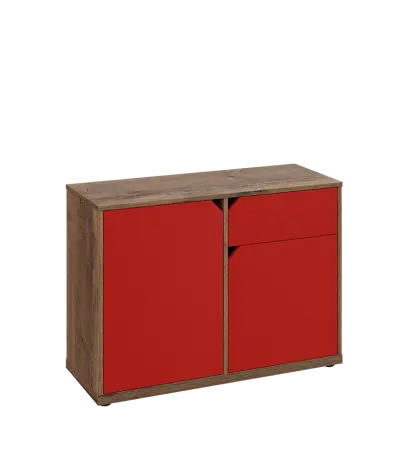 KU2-10DZ P skříňka nízká 2-dvéřová, zásuvka, 740x1022x400 mm, provedení pravé, dub halifax cínový/červená