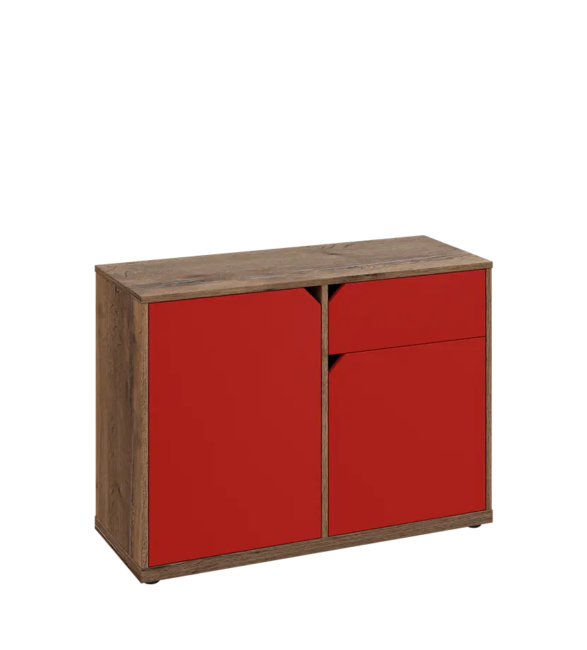 KU2-10DZ P skříňka nízká 2-dvéřová, zásuvka, 740x1022x400 mm, provedení pravé, dub halifax cínový/červená