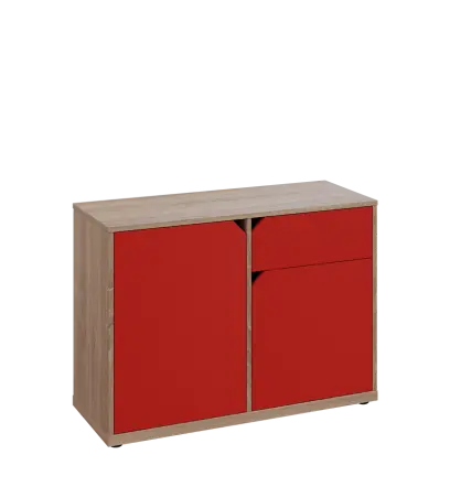 KU2-10DZ P skříňka nízká 2-dvéřová, zásuvka, 740x1022x400 mm, provedení pravé, dub bardolino/červená