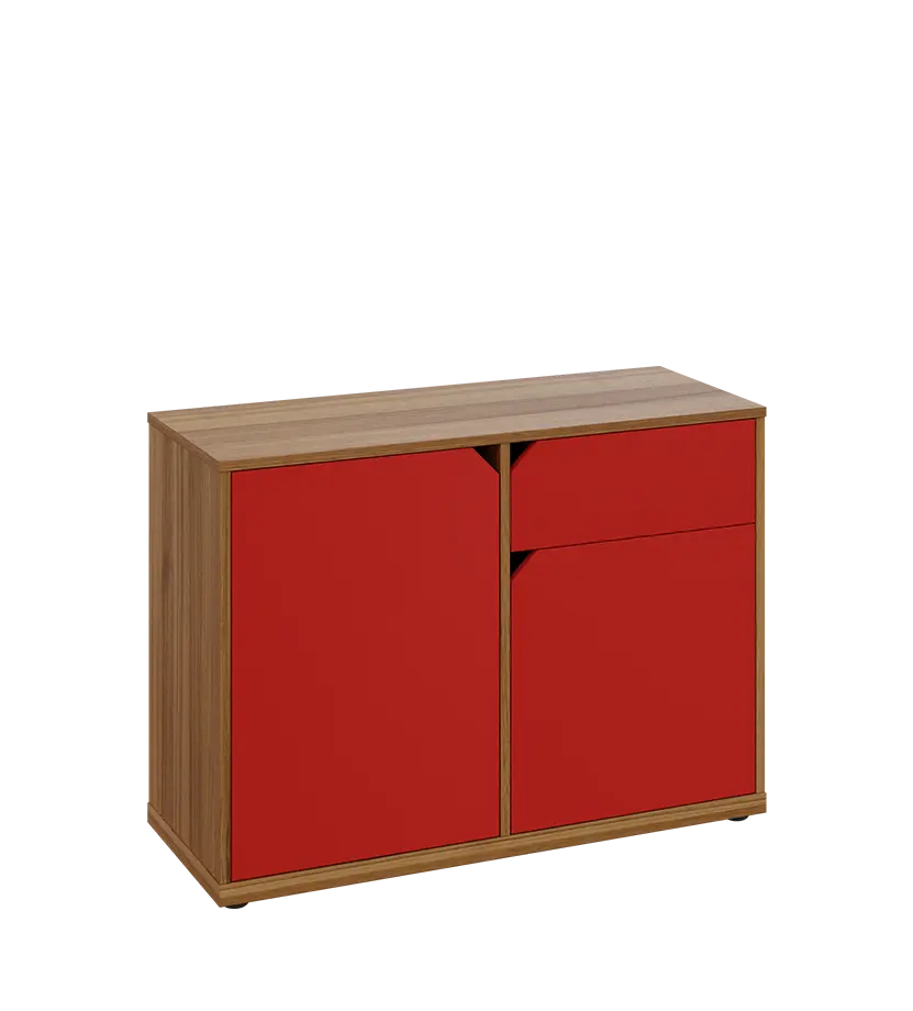 KU2-10DZ P skříňka nízká 2-dvéřová, zásuvka, 740x1022x400 mm, provedení pravé, ořech světlý/červená