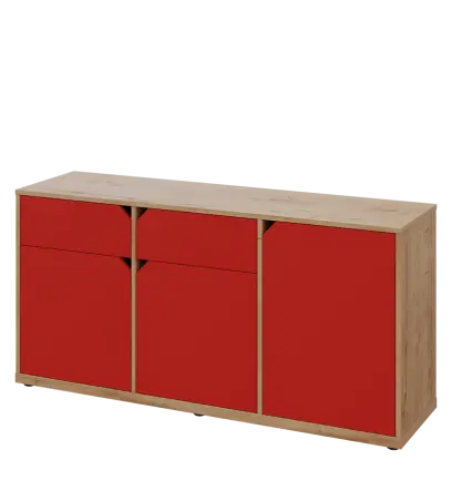 KU2-15DZ L skříňka nízká 2-dvéřová, zásuvky, 740x1522x400 mm, provedení levé, dub lite/červená