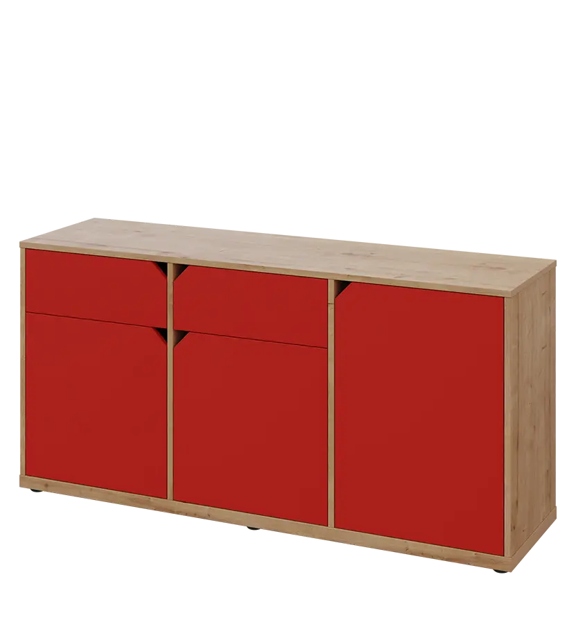 KU2-15DZ L skříňka nízká 2-dvéřová, zásuvky, 740x1522x400 mm, provedení levé, dub lite/červená