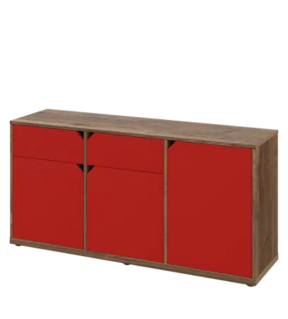 KU2-15DZ L skříňka nízká 2-dvéřová, zásuvky, 740x1522x400 mm, provedení levé, dub halifax cínový/červená