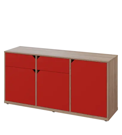 KU2-15DZ L skříňka nízká 2-dvéřová, zásuvky, 740x1522x400 mm, provedení levé, dub bardolino/červená