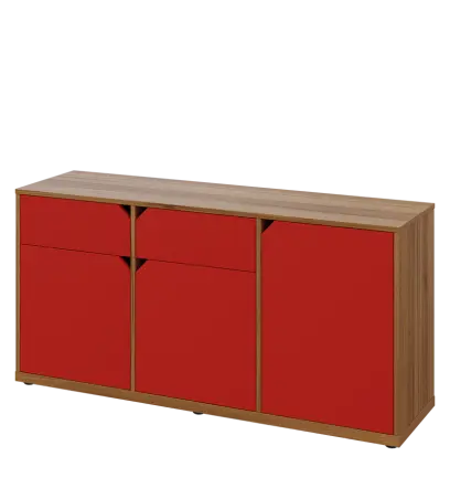 KU2-15DZ L skříňka nízká 2-dvéřová, zásuvky, 740x1522x400 mm, provedení levé, ořech světlý/červená