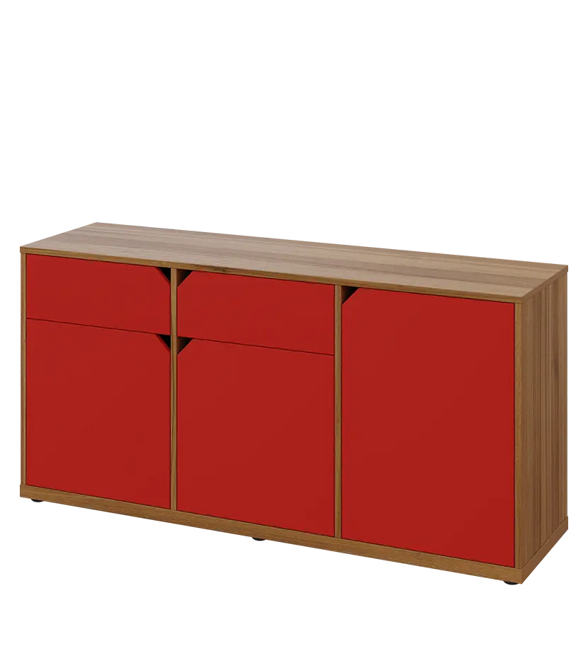 KU2-15DZ L skříňka nízká 2-dvéřová, zásuvky, 740x1522x400 mm, provedení levé, ořech světlý/červená