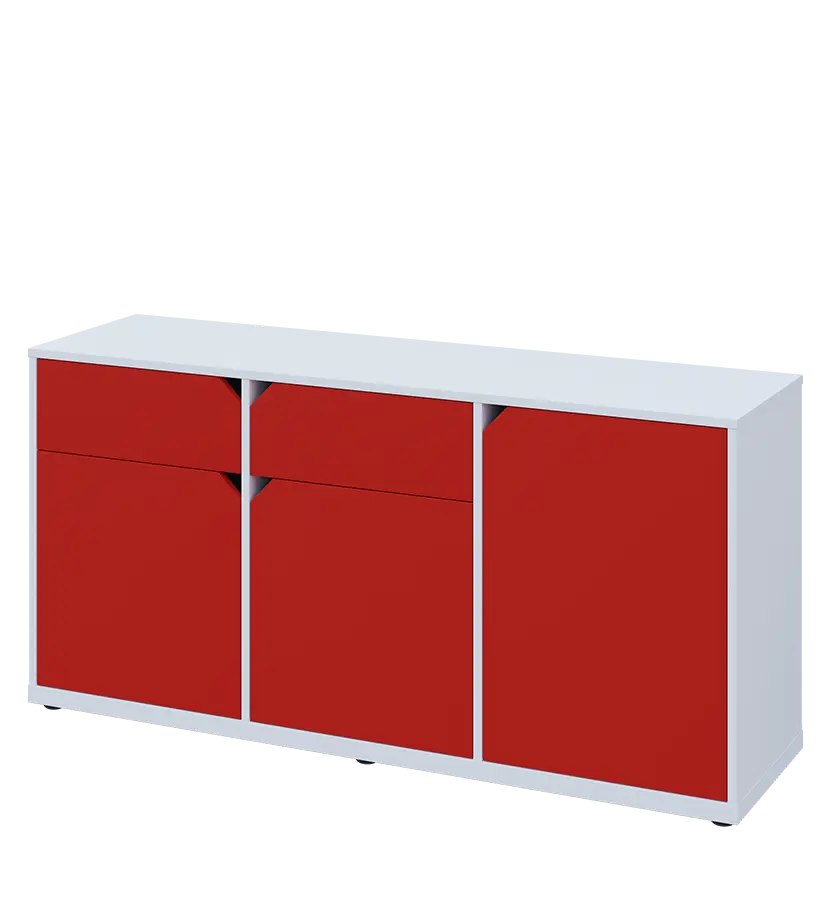 KU2-15DZ L skříňka nízká 2-dvéřová, zásuvky, 740x1522x400 mm, provedení levé, bílá sněžná/červená