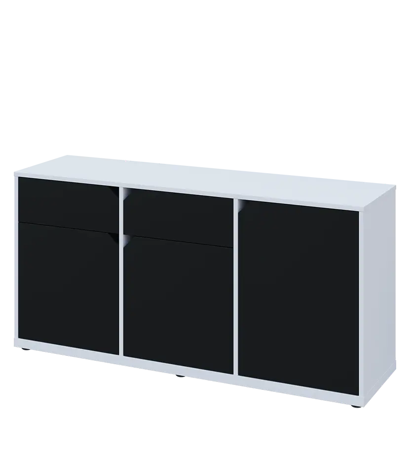 KU2-15DZ L skříňka nízká 2-dvéřová, zásuvky, 740x1522x400 mm, provedení levé, bílá sněžná/černá