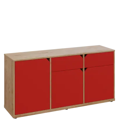 KU2-15DZ P skříňka nízká 2-dvéřová, zásuvky, 740x1522x400 mm, provedení pravé, dub lite/červená