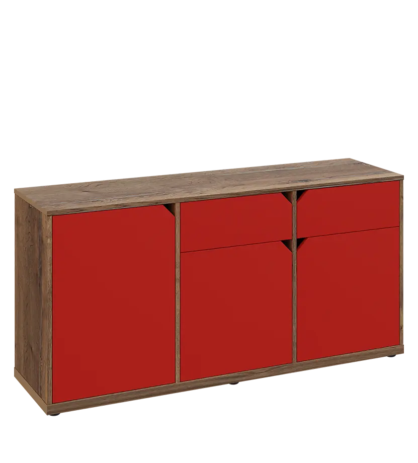 KU2-15DZ P skříňka nízká 2-dvéřová, zásuvky, 740x1522x400 mm, provedení pravé, dub halifax cínový/červená