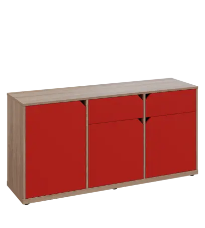 KU2-15DZ P skříňka nízká 2-dvéřová, zásuvky, 740x1522x400 mm, provedení pravé, dub bardolino/červená