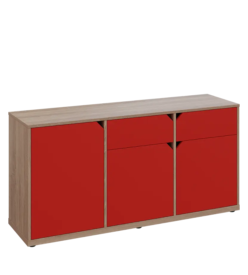 KU2-15DZ P skříňka nízká 2-dvéřová, zásuvky, 740x1522x400 mm, provedení pravé, dub bardolino/červená