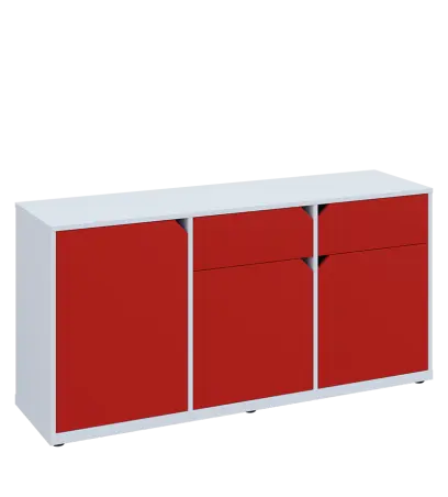 KU2-15DZ P skříňka nízká 2-dvéřová, zásuvky, 740x1522x400 mm, provedení pravé, bílá sněžná/červená