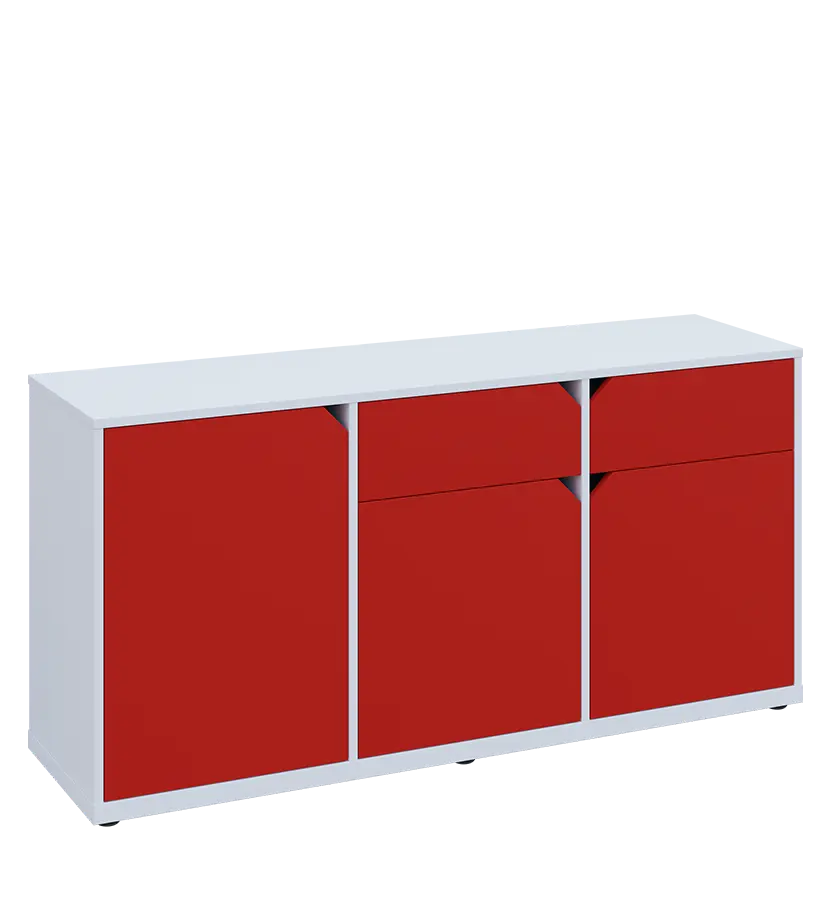 KU2-15DZ P skříňka nízká 2-dvéřová, zásuvky, 740x1522x400 mm, provedení pravé, bílá sněžná/červená