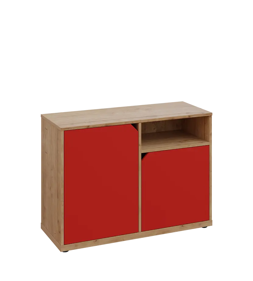 KU2-10DN P skříňka nízká 2-dvéřová, nika, 740x1022x400 mm, provedení pravé, dub lite/červená