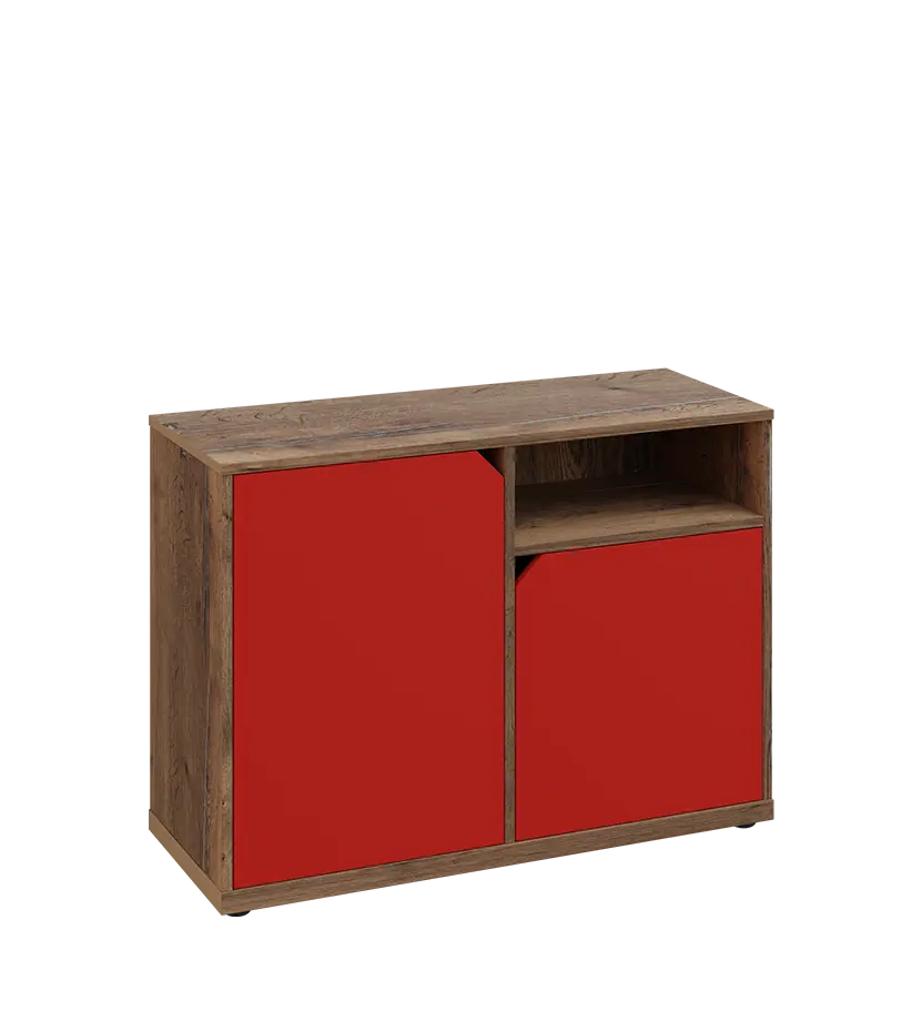 KU2-10DN P skříňka nízká 2-dvéřová, nika, 740x1022x400 mm, provedení pravé, dub halifax cínový/červená