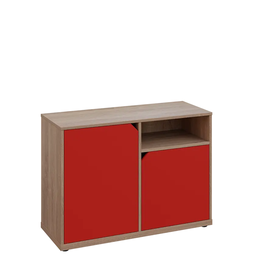 KU2-10DN P skříňka nízká 2-dvéřová, nika, 740x1022x400 mm, provedení pravé, dub bardolino/červená