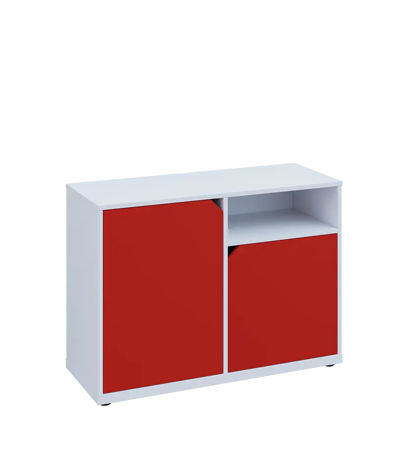 KU2-10DN P skříňka nízká 2-dvéřová, nika, 740x1022x400 mm, provedení pravé, bílá sněžná/červená