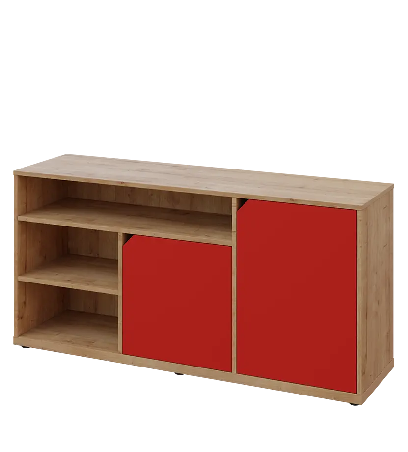 KU2-15DN3 L skříňka nízka 2-dvéřová, niky, 740x1522x400 mm, provedení levé, dub lite/červená