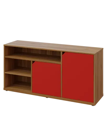 KU2-15DN3 L skříňka nízka 2-dvéřová, niky, 740x1522x400 mm, provedení levé, ořech světlý/červená