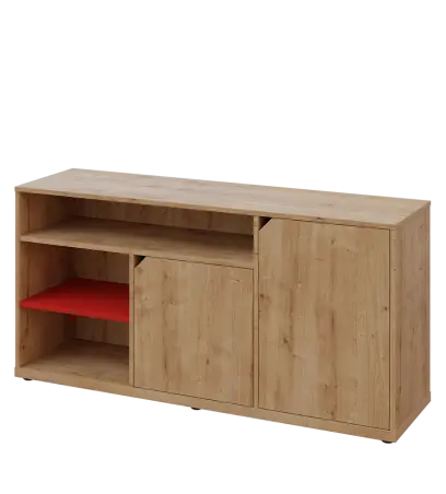 KU2-15DN3 L skříňka nízka 2-dvéřová, niky, 740x1522x400 mm, provedení levé, korpus a dvířka dub lite/police červená