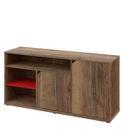 KU2-15DN3 L skříňka nízka 2-dvéřová, niky, 740x1522x400 mm, provedení levé, korpus a dvířka dub halifax cínový/police červená