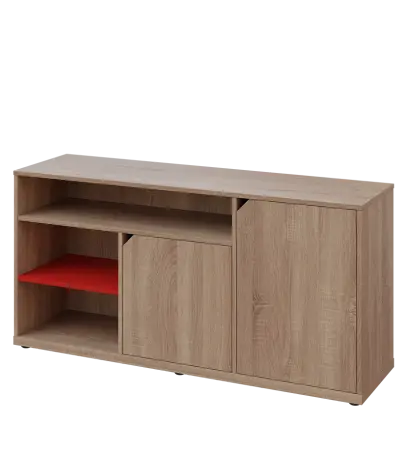 KU2-15DN3 L skříňka nízka 2-dvéřová, niky, 740x1522x400 mm, provedení levé, korpus a dvířka dub bardolino/police červená