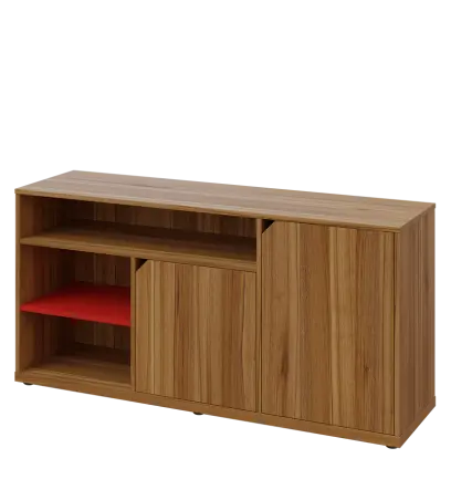 KU2-15DN3 L skříňka nízka 2-dvéřová, niky, 740x1522x400 mm, provedení levé, korpus a dvířka ořech světlý/police červená